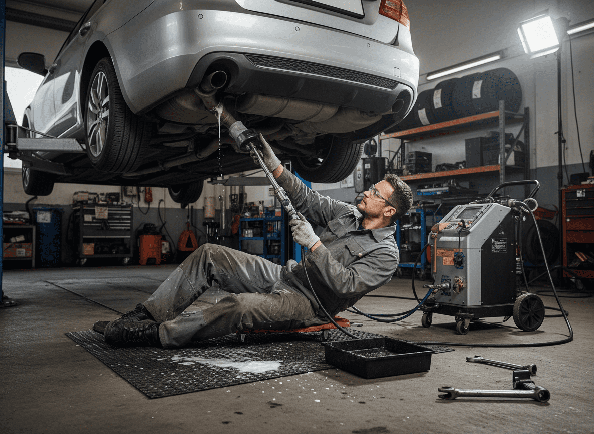 Diesel vehicle undergoing DPF regeneration in specialist workshop