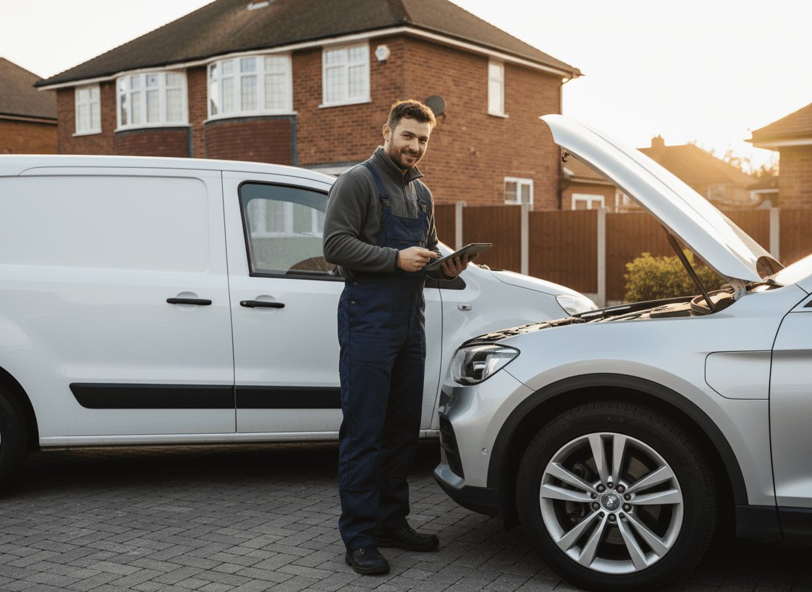 Mobile DPF technician performing diagnostic checks on a customer's diesel vehicle
