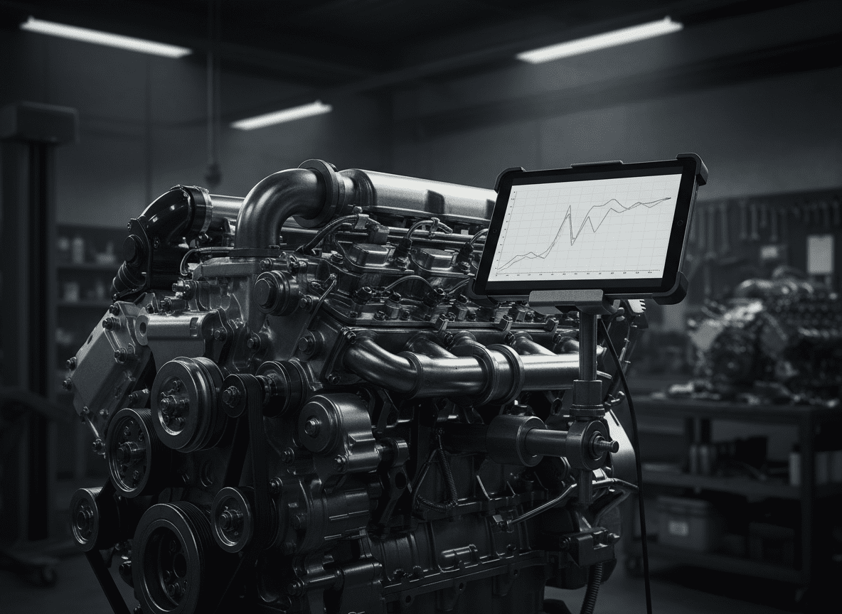 Diesel engine bay with an OBD diagnostic tablet connected for live fault reading