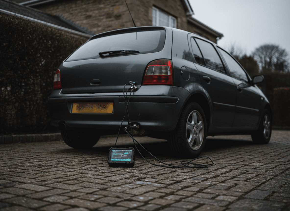 Exhaust and emissions diagnostic equipment set up on a residential driveway