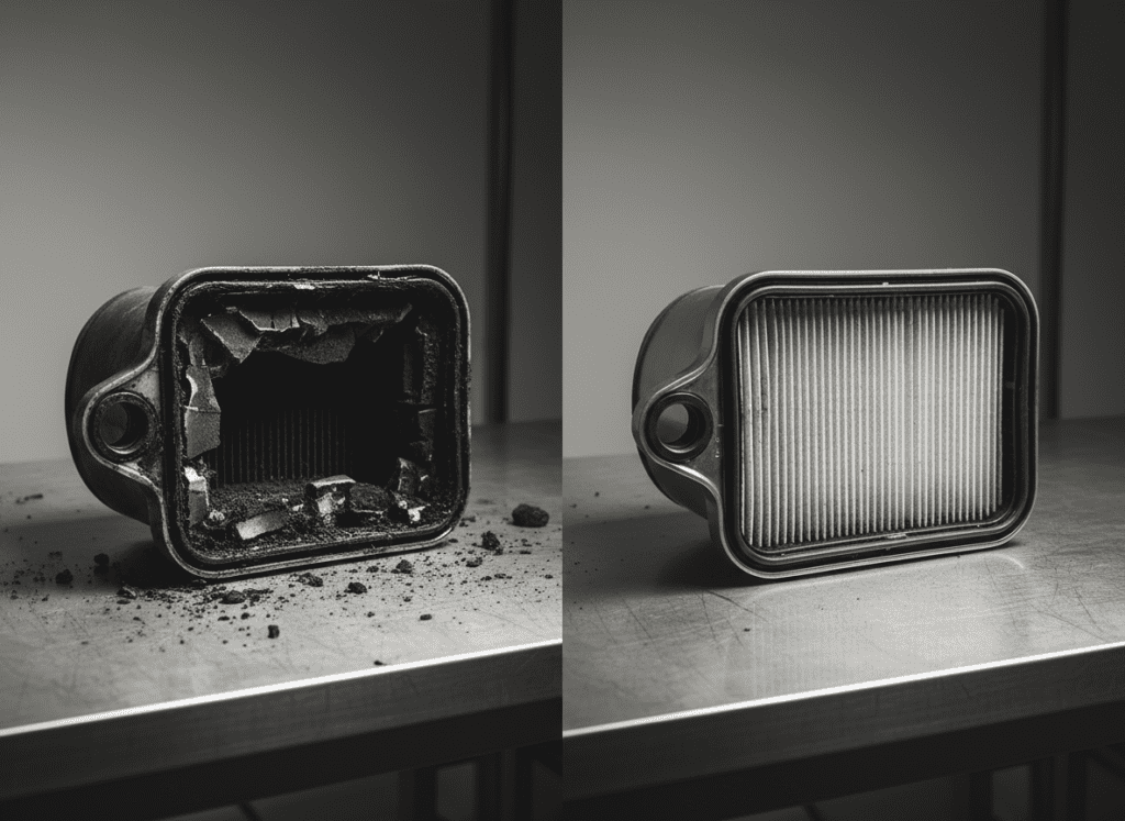 Split view comparing a blocked DPF filter against a professionally cleaned and restored unit